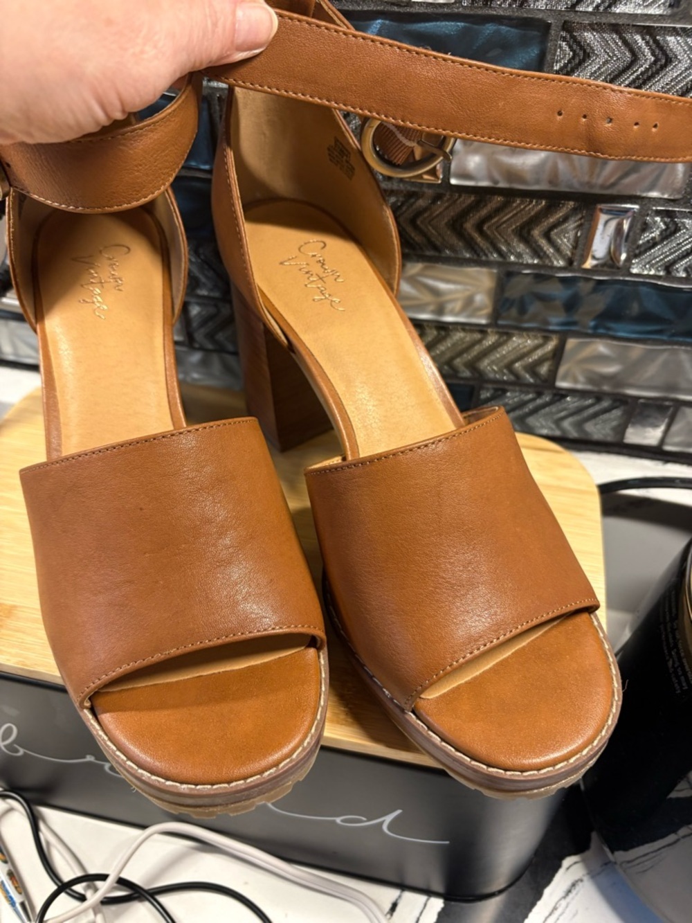 Crown Vintage Tan Platform Sandals with Ankle Strap